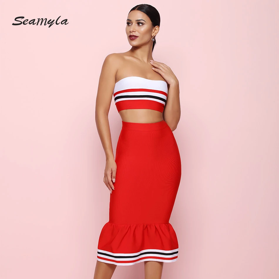 Seamyla новые модные красные комплекты из двух предметов Для женщин Sexy бретелек Bodcyon