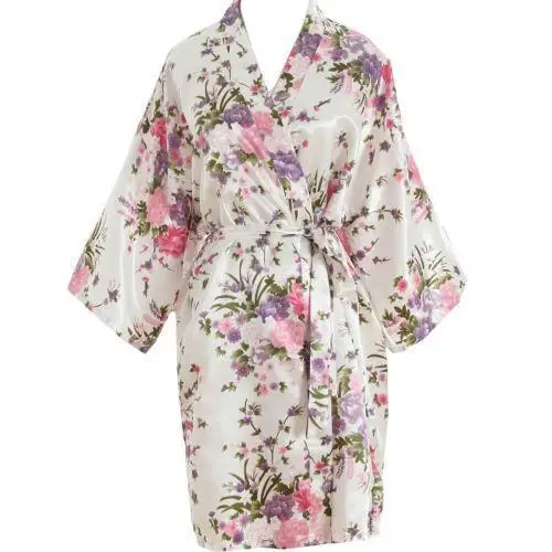 Sakura- White Новинка, Женская атласная короткая ночная рубашка, кимоно, халат, Цветочная Пижама, свадебное платье для невесты, подружки невесты, сексуальное платье, платье, один размер размера плюс - Цвет: Sakura- White