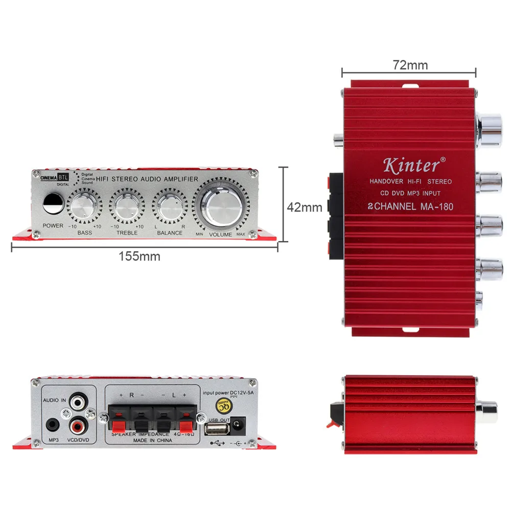 12V красный мини Hi-Fi 2-х канальный USB авто мотоциклов Главная Лодка аудио стерео Бас Динамик усилитель сабвуфер усилитель плеер