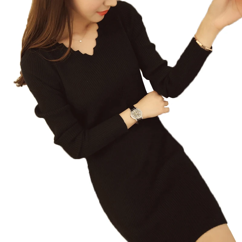 Женское трикотажное платье свитер с V образным вырезом и длинным рукавом|dress long