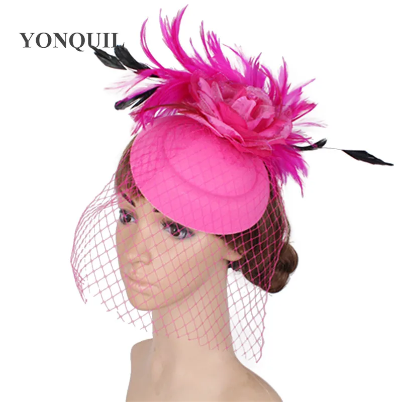 

Elegant Veils Hair Fascinators For Weddings Women Felt Wool Fedora Hat With Fabric Flower Decor Church Headpiece 3PCS/LOT SYF286