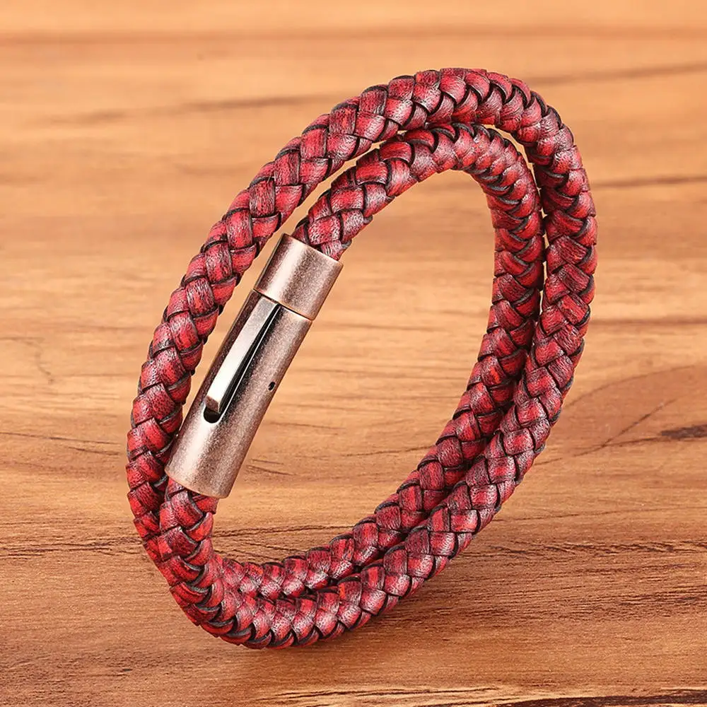 Red with Rose gold Идеальный дизайн, двойной слой, винтажная стальная пряжка, Геометрическая оплетка, 6 мм, браслет из натуральной кожи для мужчин и женщин, модный подарок на день рождения - Окраска металла: Red with Rose gold