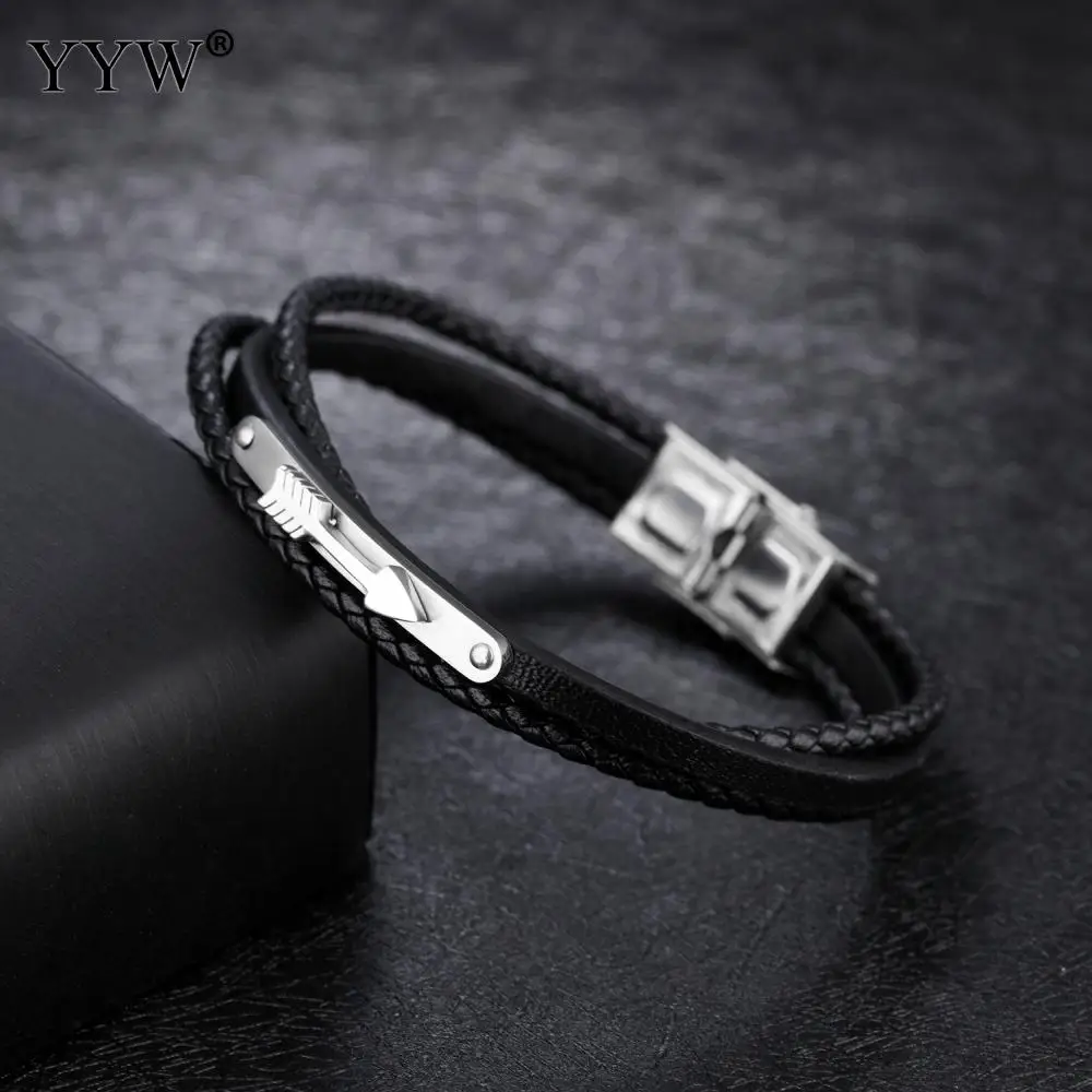 2021 New Bracelet Men Punk Style Stainless Steel Black Color Leather for Jewelry Braid Chain Beads Male Accessories | Украшения и