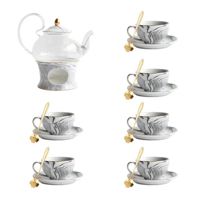 07 Tea Set Креативный стиль мраморная керамика стеклянный цветочный чайник чайная чашка набор послеобеденный цветочный чай набор свеча нагревательная база - Цвет: 07 Tea Set