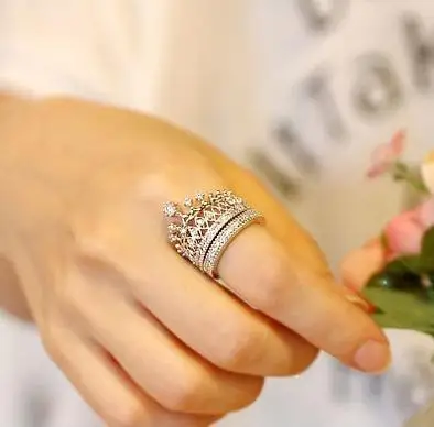 2017 модный серебряный с кристаллами Корона Кольца для женщин партии комплект