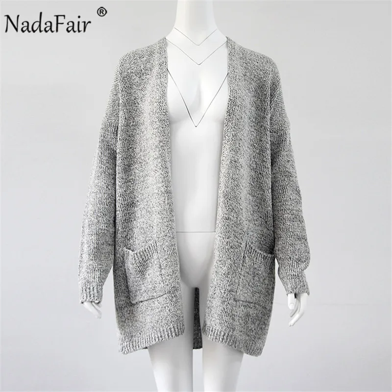 Nadafair S-5XL размера плюс повседневные длинные кардиганы Женская зимняя одежда с карманами Свободный длинный вязаный свитер пальто pull femme hiver