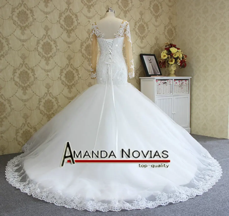 Женское свадебное платье русалка кружевное с длинным рукавом и низкой спиной