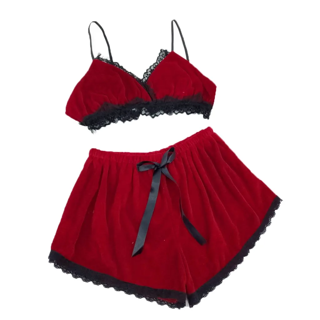 Womail Fashion Sexy Eyelash Lace Lingerie Velvet Bodydoll Bowknot Sleepwear Pajamas Set pyjamas women sexy lingerie C30213 | Женская
