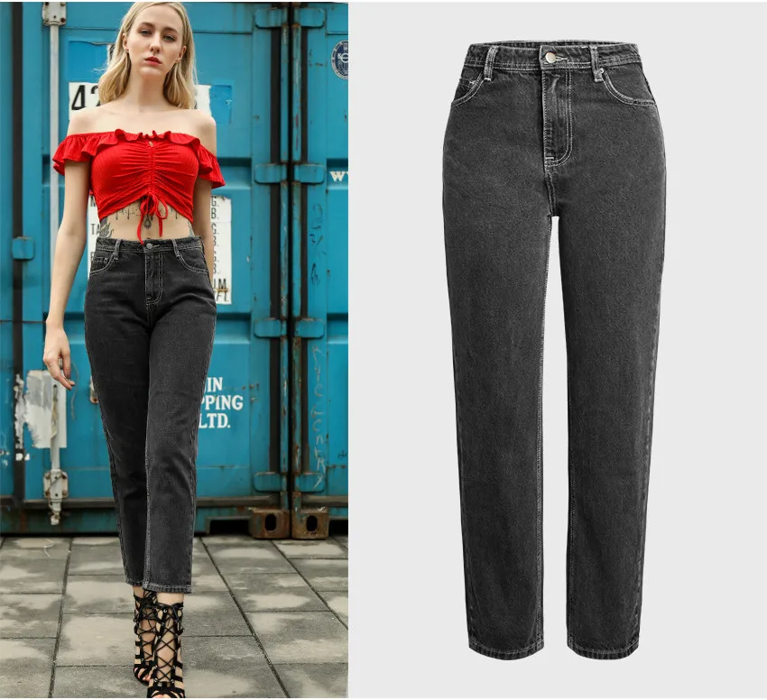 LOGAMI High Waist Straight Jeans Woman Casual Boyfriend Jeans For Women Denim Pants Dark Grey