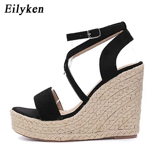 Eilyken женские босоножки на платформе 4 см пикантные модные женские туфли в римском стиле на танкетке с открытым носком сандалии черного и коричневого цвета Размеры 35-40 - Цвет: Black