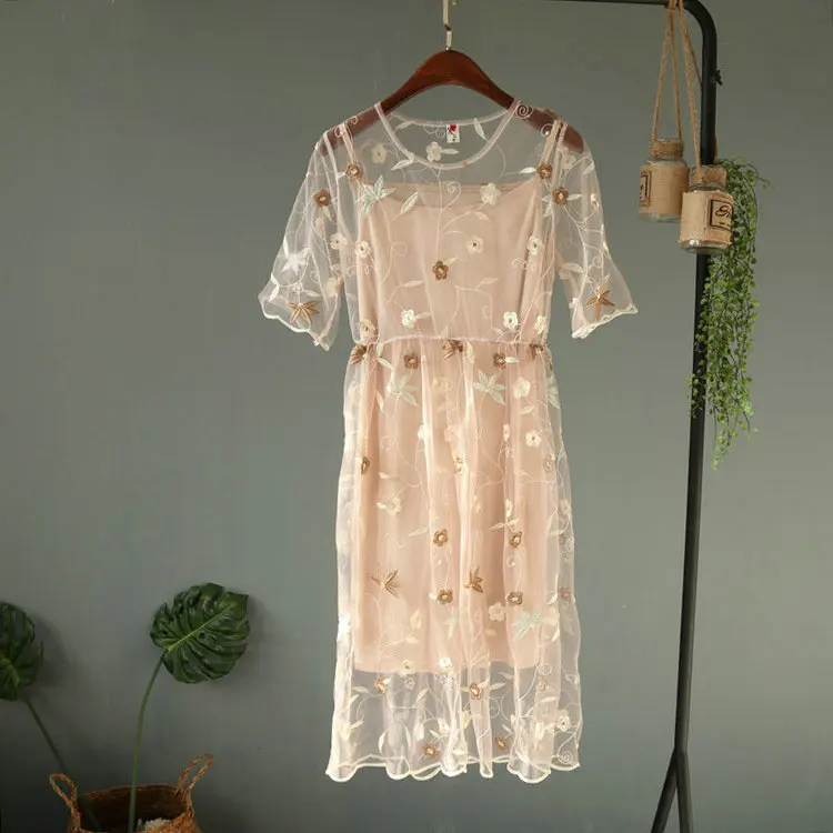 women dress 2 шт., элегантное женское летнее платье с коротким рукавом, Вышитое кружевом, цветами, Тюлевое платье, женское тонкое сетчатая вуаль средней длины с высокой талией - Цвет: women dress