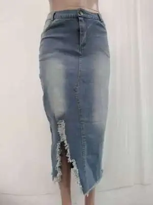 Light Blue Женские летние юбки с высокой талией, джинсовая юбка с эффектом потертости, Женская длинная юбка с разрезом, юбка размера плюс - Цвет: Light Blue
