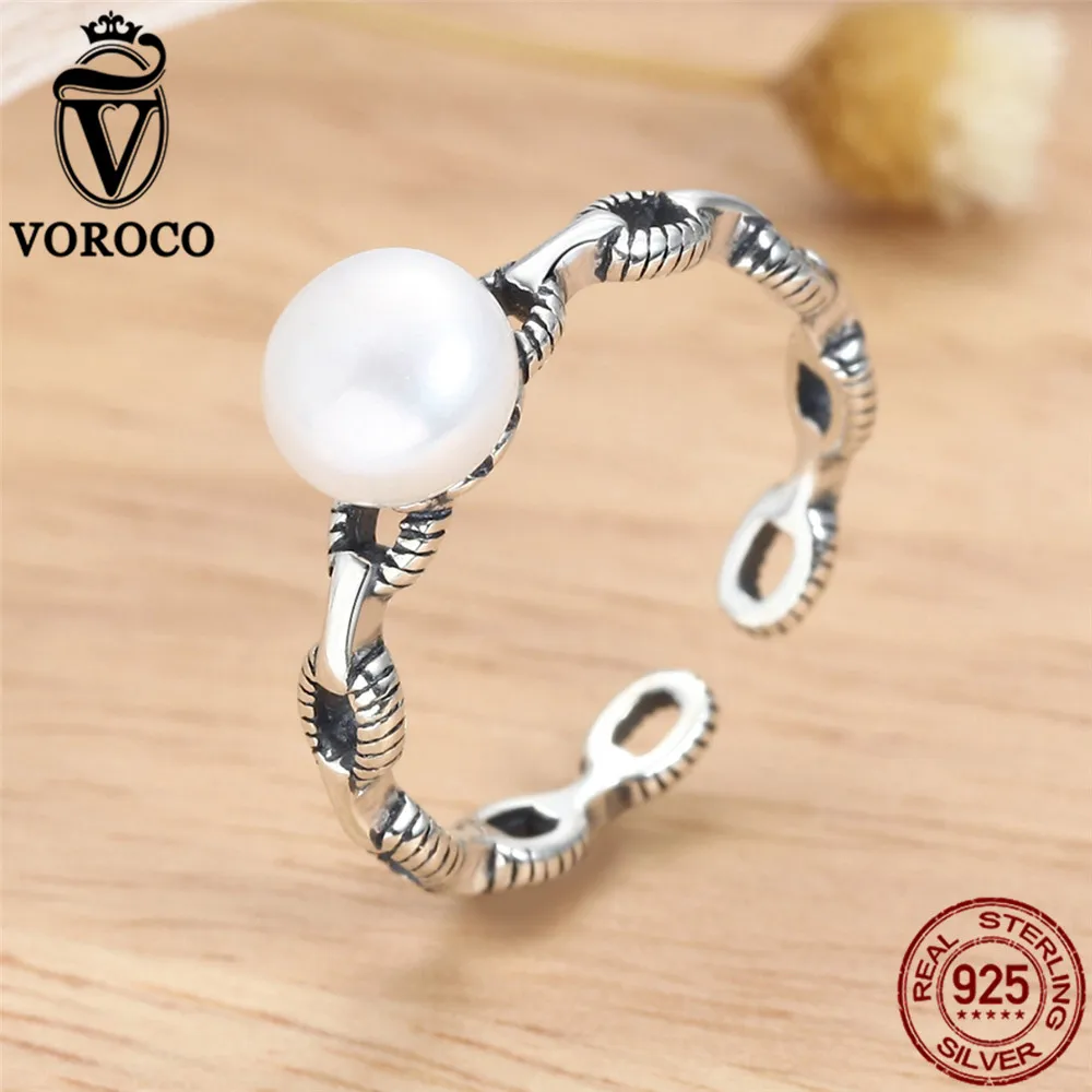 Voroco чистый 925 стерлингового серебра с пресноводной жемчужиной кольцо