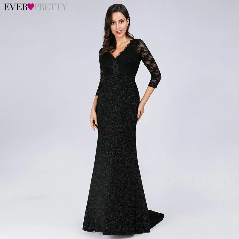 Черные длинные платья для невесты Ever Pretty Женщины Элегантный 3/4 рукав кружева v-образным вырезом русалка выпускного вечера свадебные праздничные платья