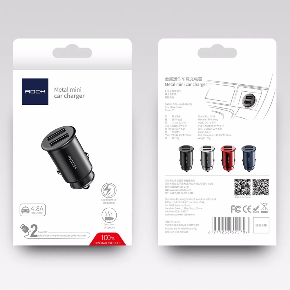 Rock 5V4. 8A Dual USB Автомобильное зарядное устройство для iPhone samsung huawei Xiaomi Мобильный телефон быстрое автомобильное зарядное устройство USB Автомобильное зарядное устройство для путешествий