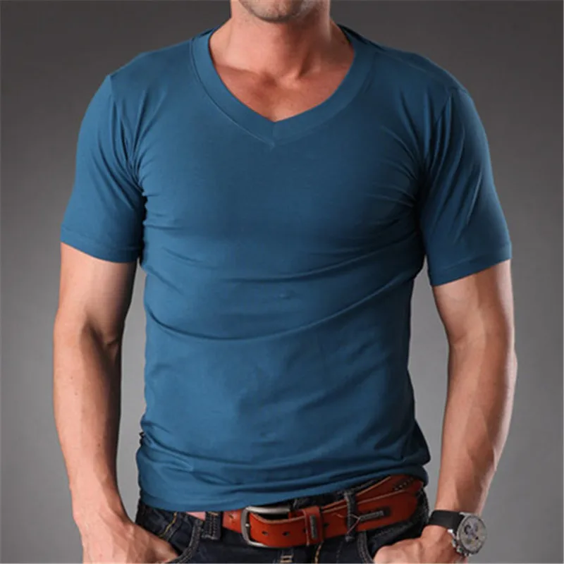 Футболка мужская облегающая с V образным вырезом Однотонная рубашка из хлопка