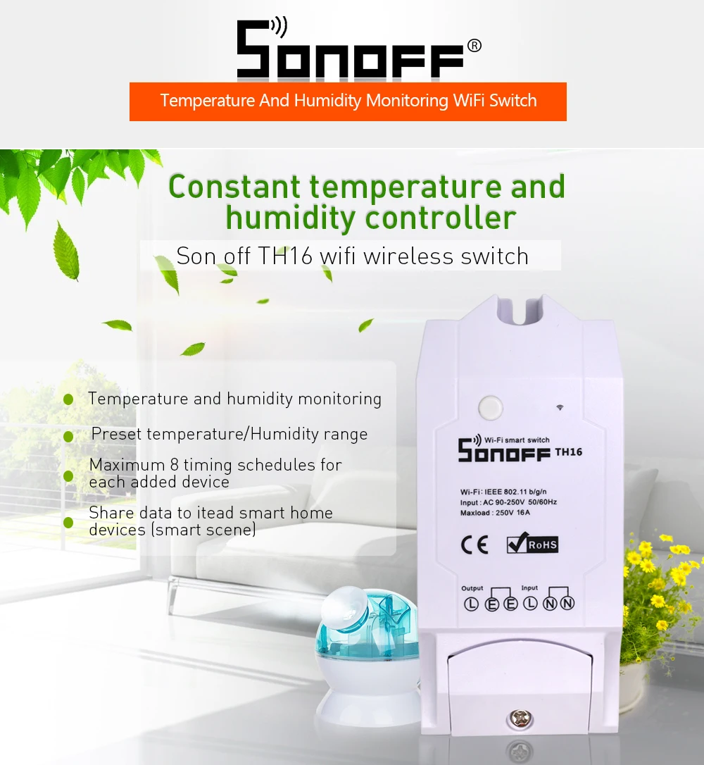 Sonoff TH16 Wi-Fi переключатель релейный модуль для умного дома Автоматизация поддержка температуры и влажности сенсор пульт дистанционного управления