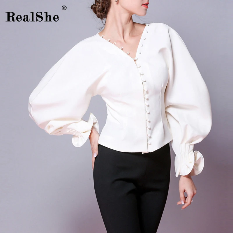 RealShe, модная женская летняя рубашка, v-образный вырез, длинный рукав, женские блузки, рубашки, женские элегантные повседневные топы, блузы
