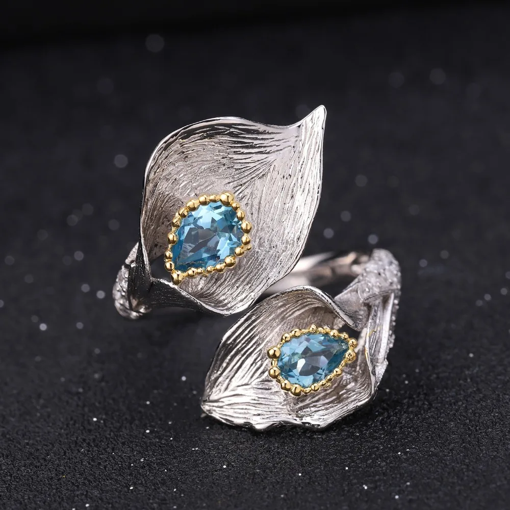 Балетные наборы для женщин, 3.02Ct, натуральный Швейцарский Голубой Топаз, 925 пробы, серебро, ручная работа, Калла, лилия, кольцо, серьги, ювелирные наборы для женщин, вечерние