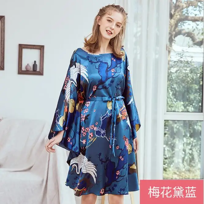 navy blue FZSLCYIYI, новинка, имитация шелка, большой размер, халаты для дам, летняя, крутая, модная, рукав «летучая мышь», ночная рубашка для женщин, большой домашний пеньюар - Цвет: navy blue