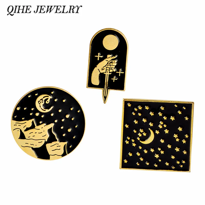 

QIHE JEWELRY Moon Star Mountain Dark Geometric Enamel pin Lapel pins Badges Brooches for Men Women