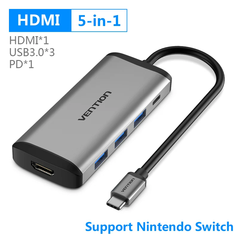 New 5 in 1 HDMI HUB Vention USB-C концентратора Тип C концентратор USB 3,0 Thunderbolt 3 HDMI 3,5 мм аудио RJ45 адаптер для MacBook Pro samsung Galaxy S9 USB C концентратора - Цвет: New 5 in 1 HDMI HUB