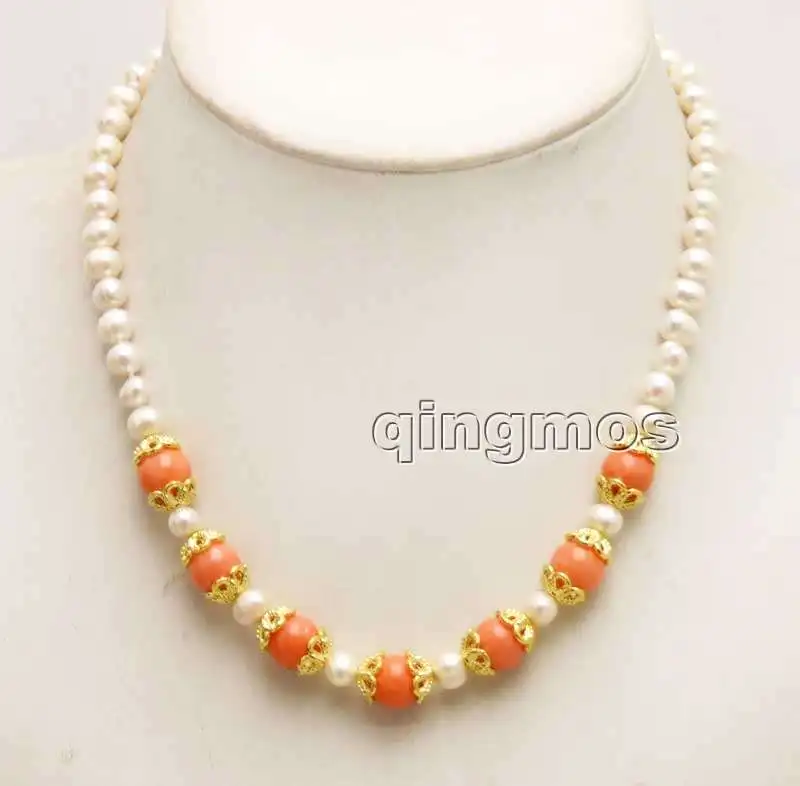

SALE 6-7mm white natural round pearl with 9-10mm pink coral 17" Necklace-nec5891 whole sale and retail Free shipping
