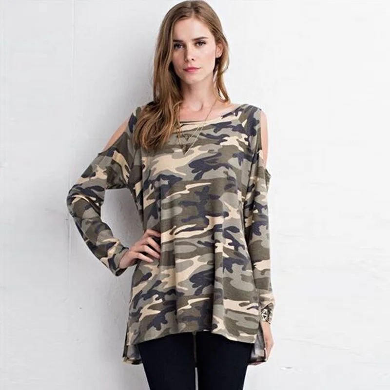 Женская камуфляжная футболка футболки с круглым вырезом без бретелек длинными