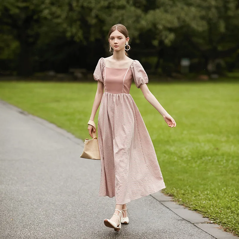 

Женское винтажное длинное платье в клетку, розовое/зеленое платье в стиле ретро, одежда для женщин, лето 2020