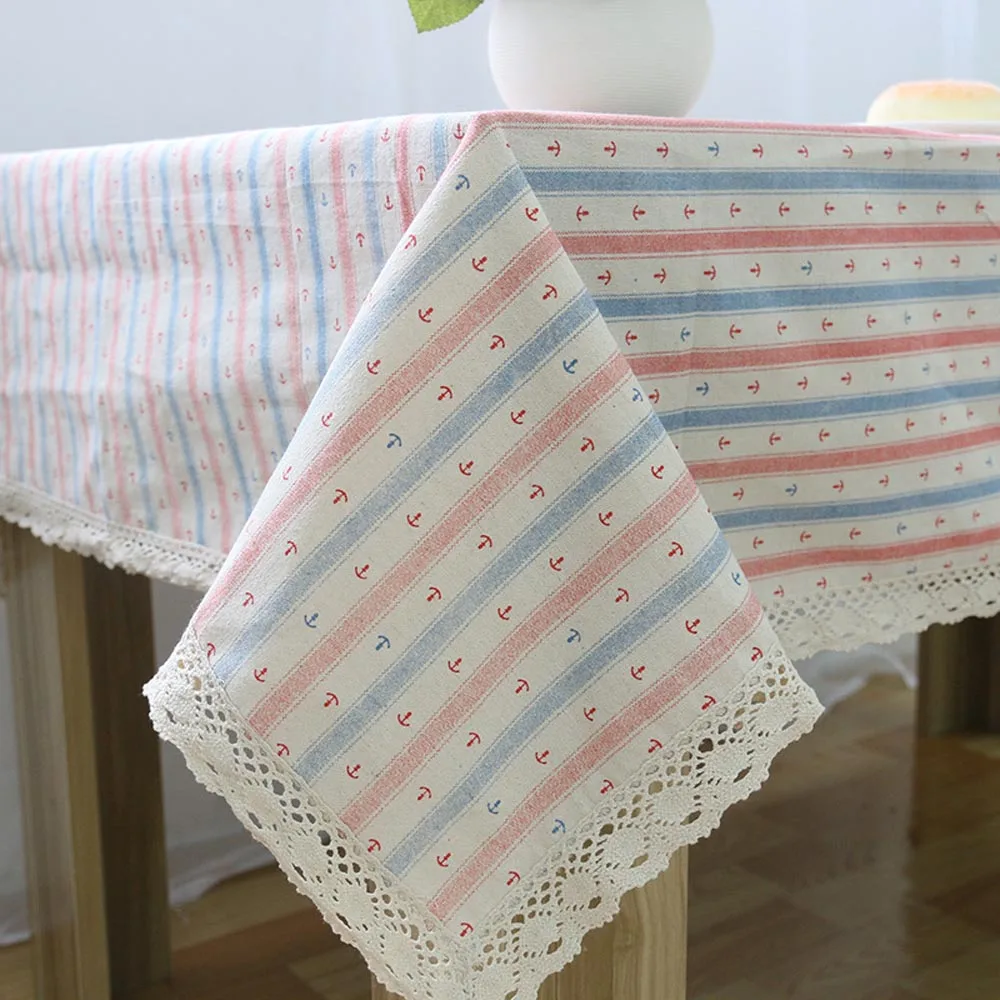 Новое поступление синяя розовая полосатая льняная хлопковая скатерть с якорем