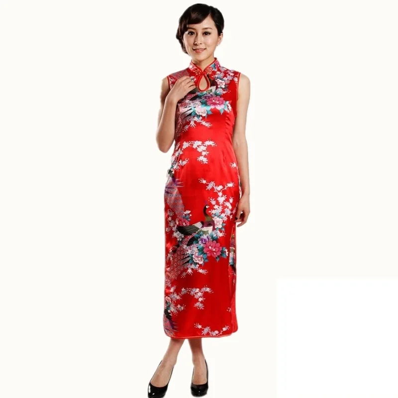 Халат Chinoise Vestido Cheongsam Модный китайский свадебный длинный Павлин Капельное платье