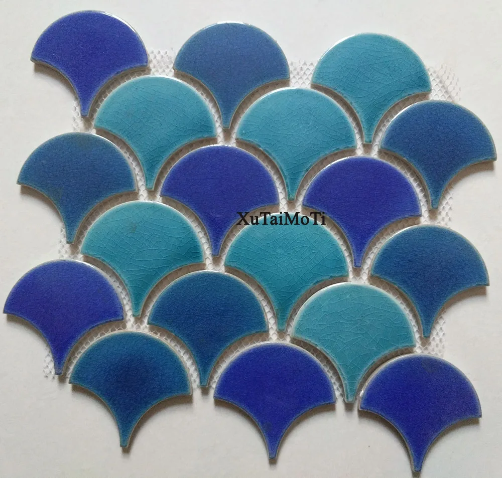 New blue fish scale ceramic mosaic tile kitchen backsplash bathroom swimming pool wall shower wallpaper porcelain background