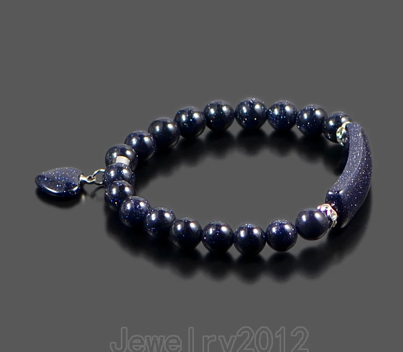 4pcs/Lot 8mm Blue Sand Gem stone Heart Bar Round Beads Stretchy Bracelet Healing Chakra Yoga Diy Jewelry Wholesale | Украшения и