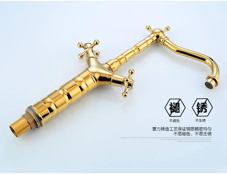 Бесплатная доставка двойной кран для раковины из бамбука и золота с твердой