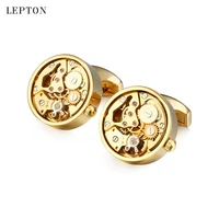 hot sale non functional watch movement cufflinks for mens lepton round gold color steampunk gear watch mechanism cuff links