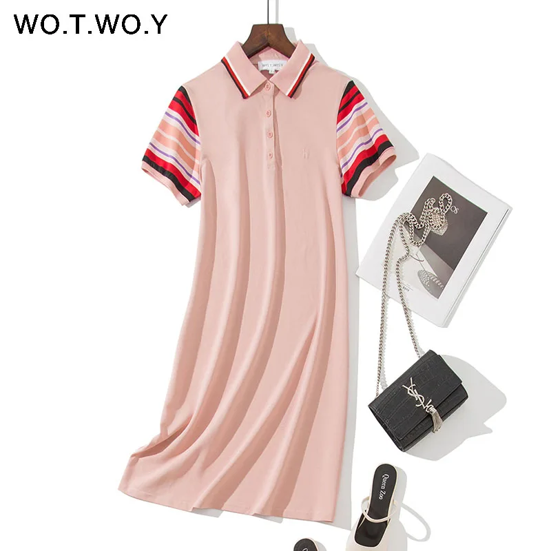 Фото WOTWOY красочные полосы рубашка поло с вышивкой платья Для женщин 2019 летние большие