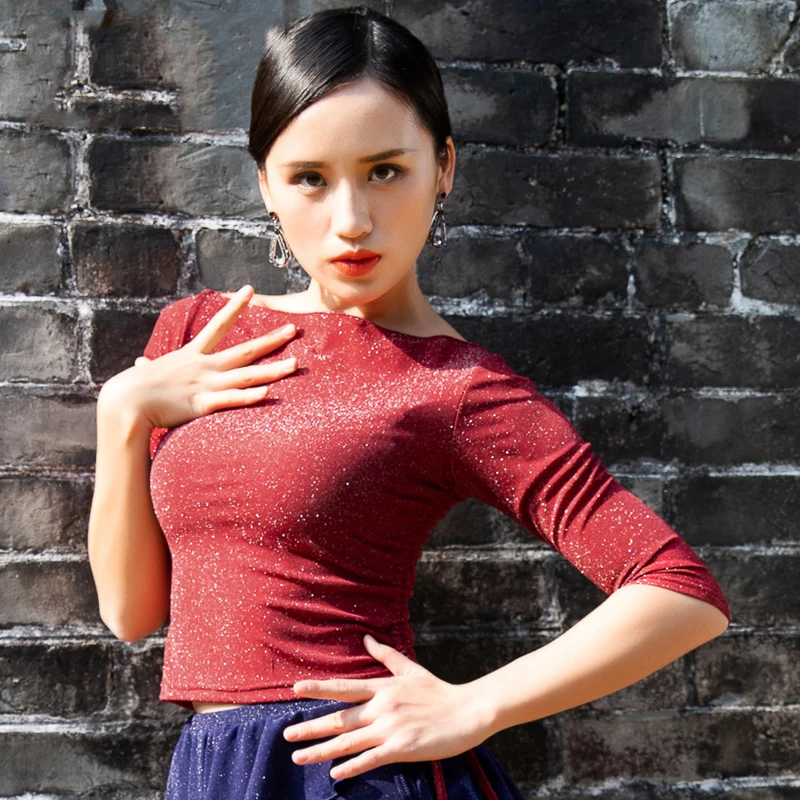 Latin Shirt Women Red Mid Sleeve Rumba Cha Cha Samba Dancing Clothes Ladies Latin Dance Top Ballroom Practice Show Wear DNV11658