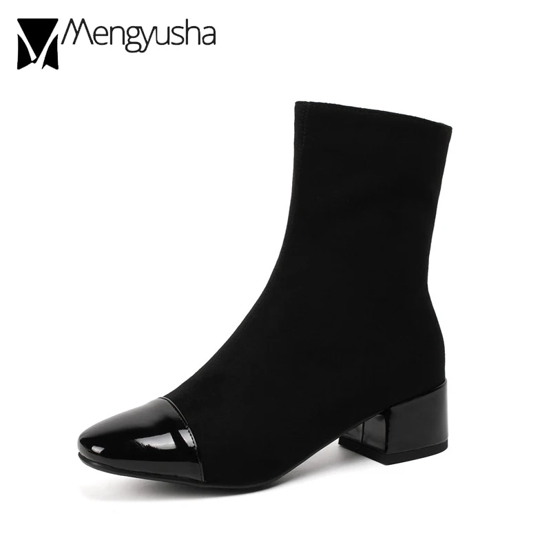Женские лакированные кожаные ботинки-носки облегающие короткие ботинки на
