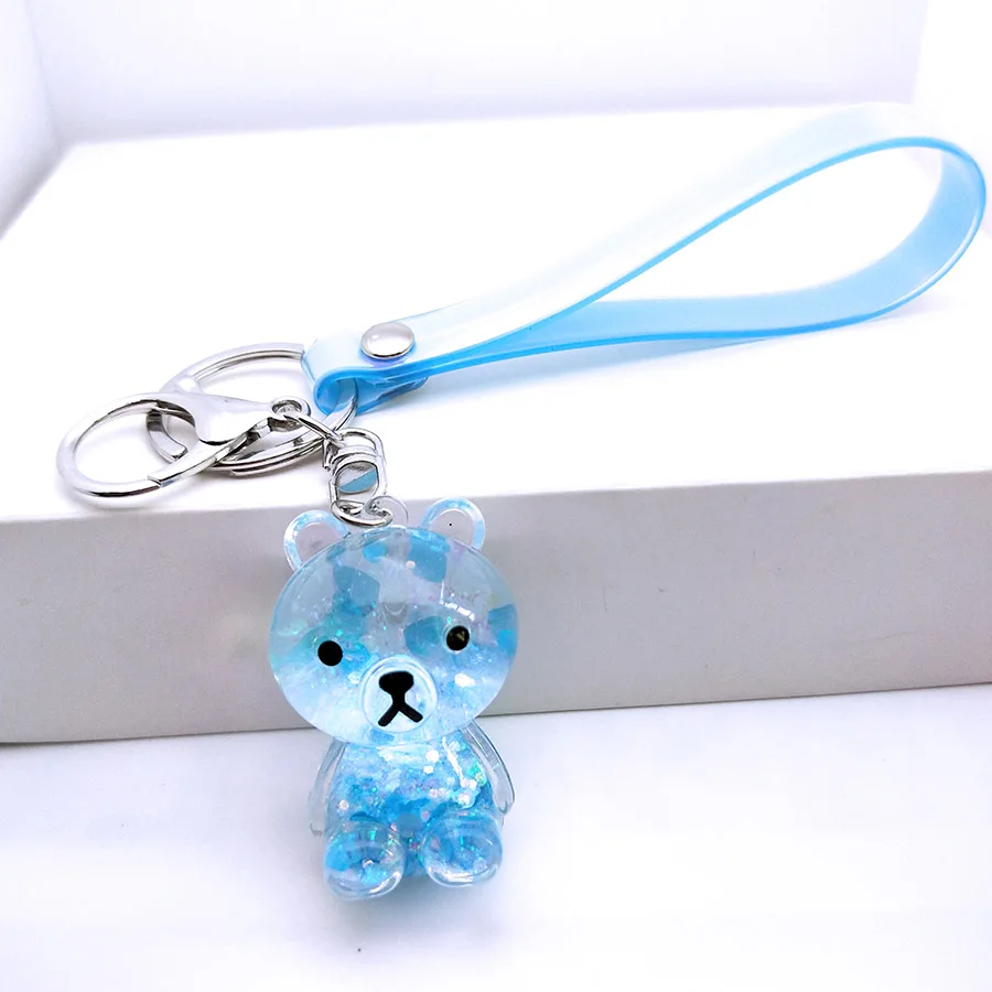 Style 1 Blue Акриловый брелок с рисунком медведя из мультфильма, блестящий зыбучий песок, брелок для ключей, жидкое кольцо для ключей на рюкзак, подвеска для пар, для женщин и мужчин, Подарочный Брелок - Цвет: Style 1 Blue