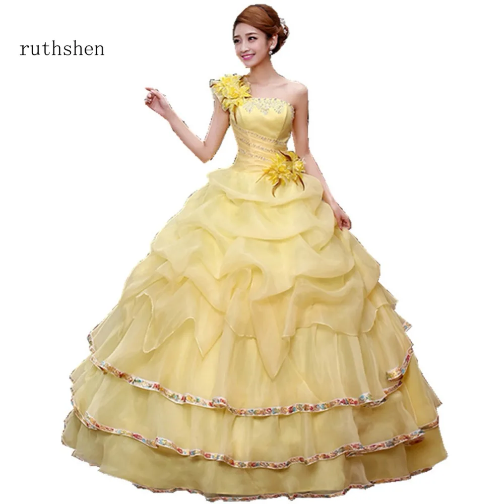 Ruthshen желтое бальное платье платья для Quinceanera с перьями на одно плечо выпускного