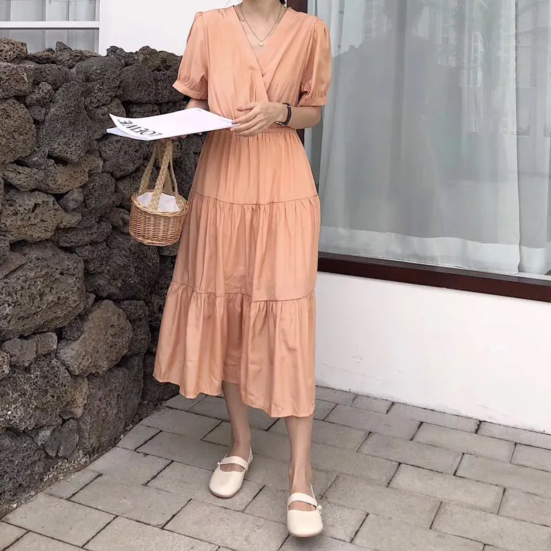 Корейская Летняя женская одежда ретро с v образным вырезом свободное