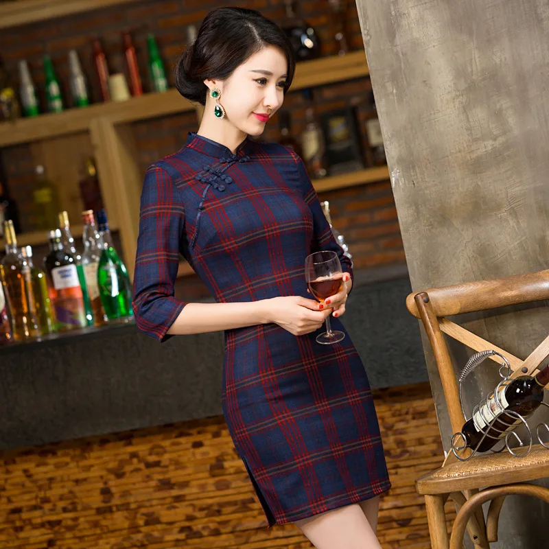 Плед Cheongsam Платье Женщины Осень Зима 2016 Китайский Хлопок Cheongsams Qipao Короткое