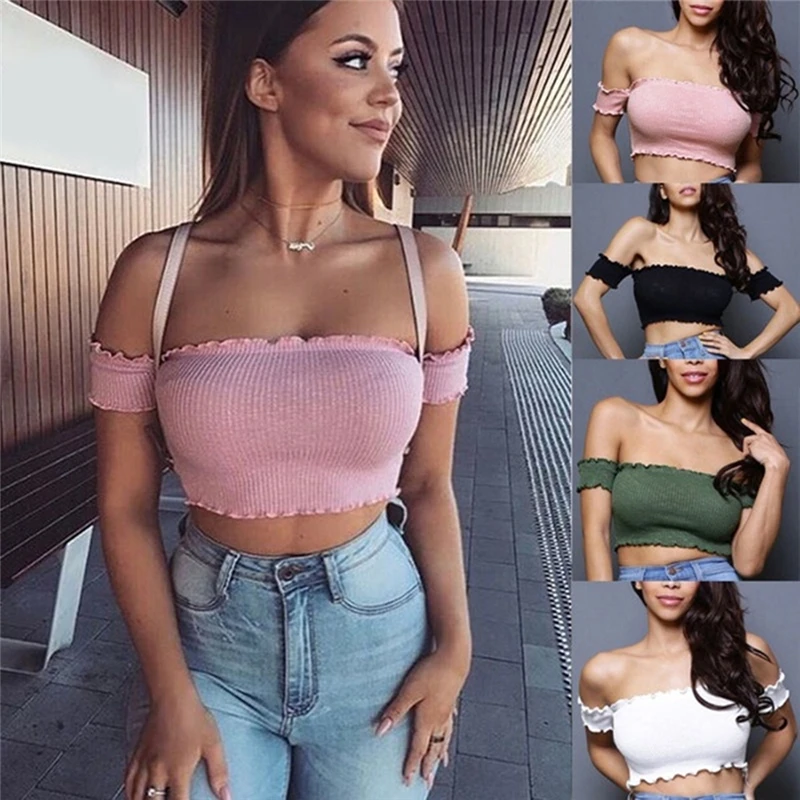 Сексуальный женский шикарный Тройник укороченный топ с открытыми плечами
