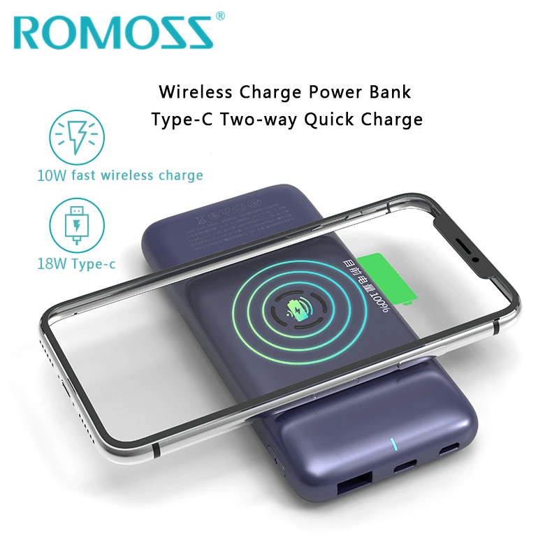 ROMOSS 10W Быстрый Беспроводной Зарядное устройство Мощность банк 10000mAh& 18 Вт QC 3,0 Быстрая зарядка для iPhone 8/8 Plus/X/XS max S10 S9 S8 Note8/9
