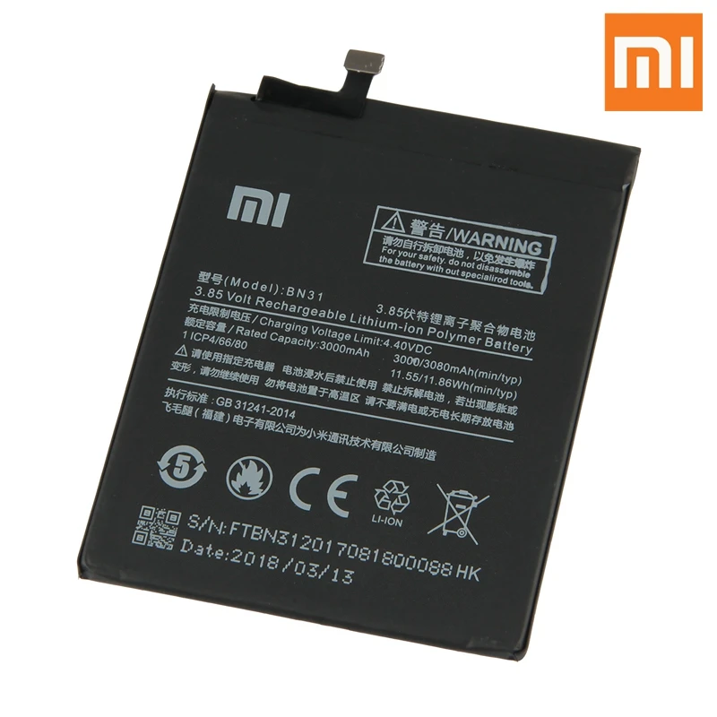 Сменный аккумулятор для телефона Xiao mi BN31 для Xiaomi mi 5X mi 5X redmi note 5A mi A1 аутентичная перезаряжаемая батарея 3080 мАч