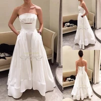 vintage strapless wedding dress ruffled zipper floor length bride gowns simple satin wedding dresses with pockets robe de mariee
