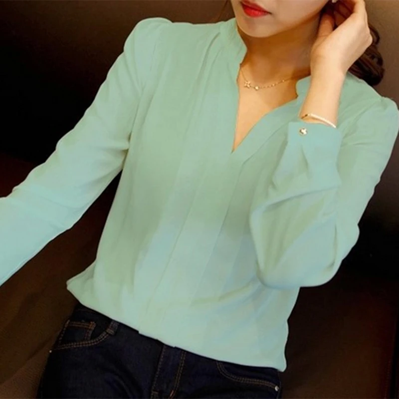 

Women's Ladies Chiffon Autumn Solid Long Sleeve Blouse V Neck Casual Shirt Tops