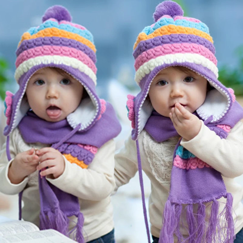 Теплая зимняя детская шапка + шарф/Детский комплект шапок вязаная шерстяная 5