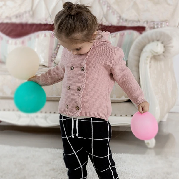 Hot autumn and winter children's sweater hooded Baby Girl double-breasted jacket European cotton knit cardigan | Детская одежда и