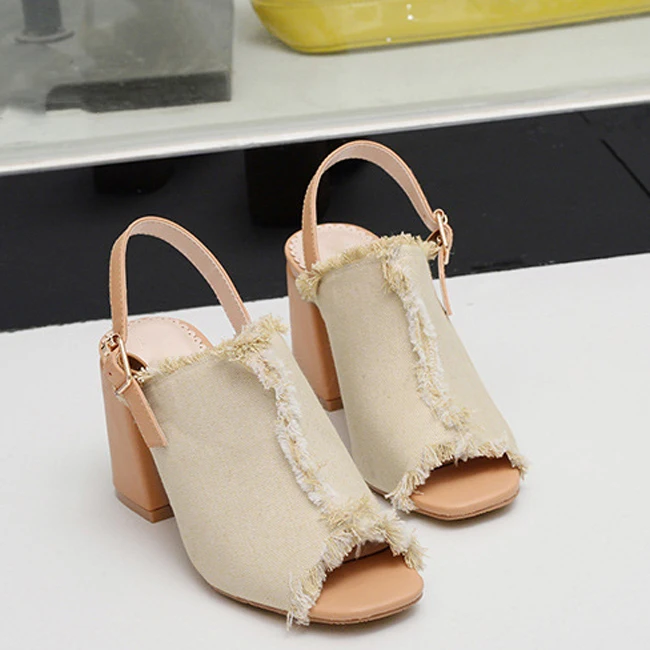 Vogue Denim High Heel Women Mules Peep Toe Pumps Heels Back Strap Fringe Summer Sandals Shoes SWC0020 | Обувь